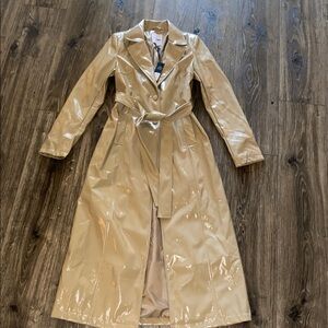 NWT Fashion Nova taupe beige Glossy Beige Leather Trench Coat long maxi xs